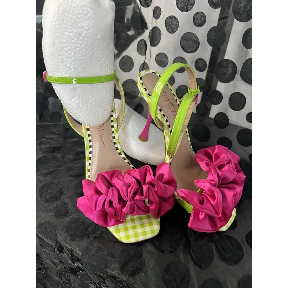 Betsy Johnson  Elmira Green/white gingham print, O/toe heeled sandals Women 6.5 - Picture 11 of 13
